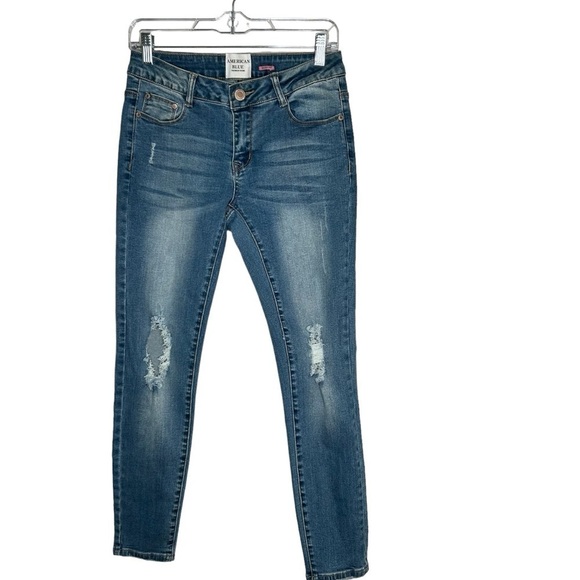 American Blue Juniors Distressed Blue Skinny Jeans Size 7 Destroyed - Picture 1 of 3